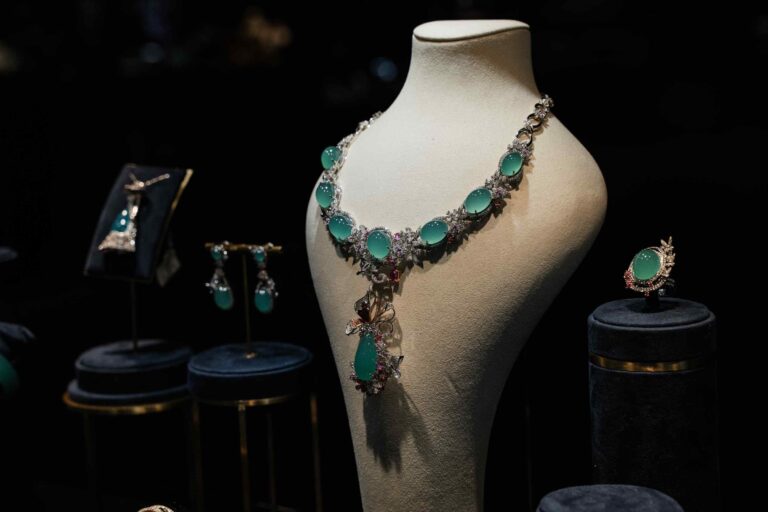 Jade and gemstone jewellery set displayed on a mannequin at Jewellery & Gem Fair Taiwan 2026.